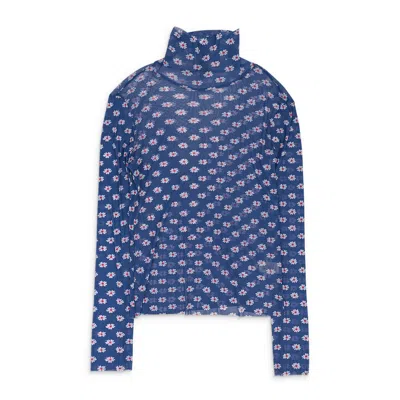 Callipygian Blue Flower Printed Mesh Turtleneck Sweater In Burgundy