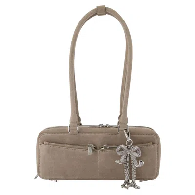 Self-portrait Grey Suede Baguette Shoulder Bag With Charm In Neutral