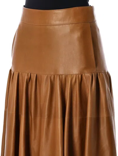 Saint Laurent Lambskin Midi Skirt Gathered Detailing In Brown
