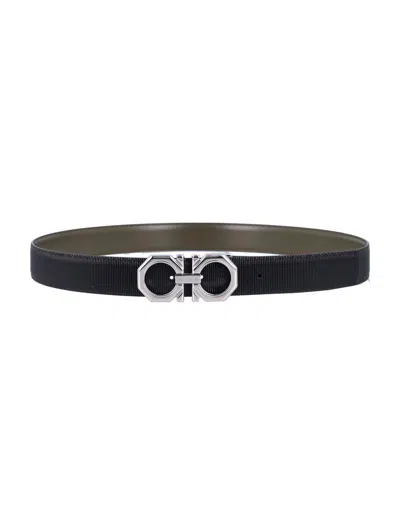 Ferragamo Octagonal Gancini Textured Design Belt In Black