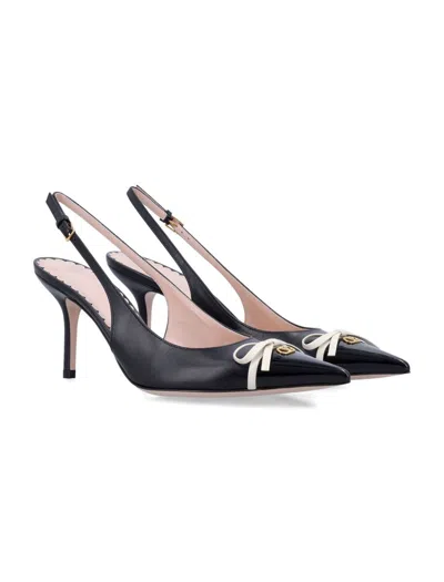 Valentino Black Pointed Slingback With Bow In White