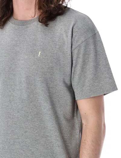 Saint Laurent Grey Crewneck T-shirt With Cassandre Embroidery In Cotton Man In Gray