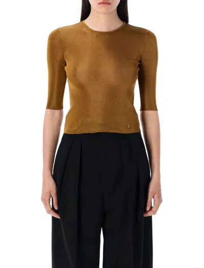 Saint Laurent Quarter Sleeve Knit Top With Logo Detail In Brown