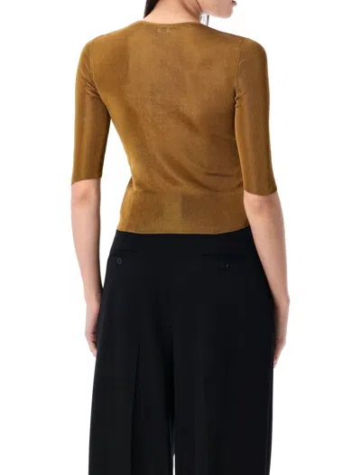 Saint Laurent Quarter Sleeve Knit Top With Logo Detail In Brown