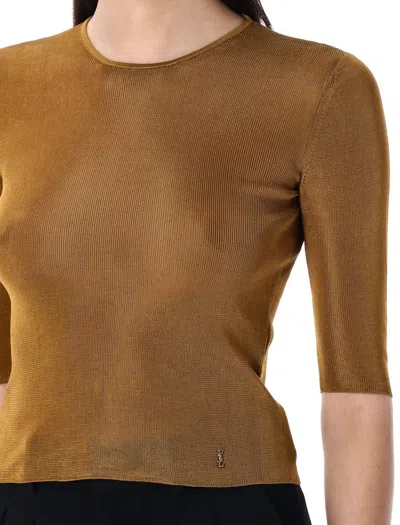 Saint Laurent Quarter Sleeve Knit Top With Logo Detail In Brown