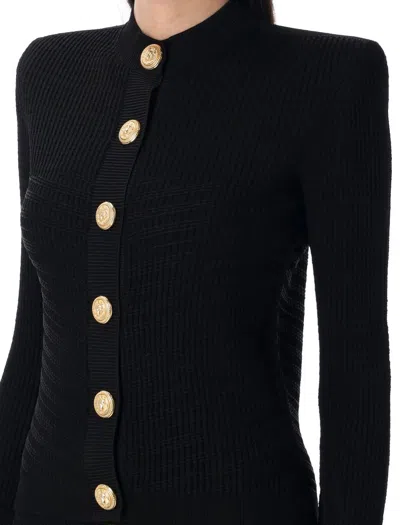 Balmain Ribbed Texture Knit Cardigan With Gold Buttons In Black