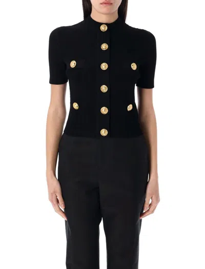 Balmain Black Crewneck Cardigan With Jewel Buttons In Black