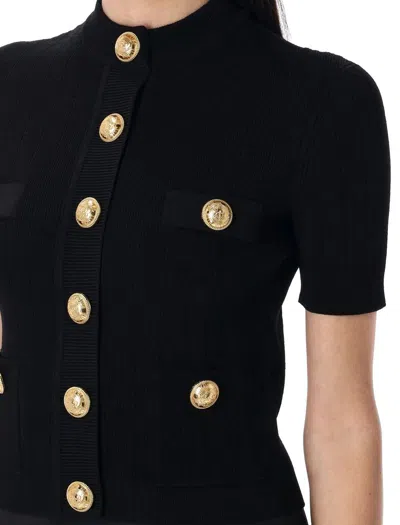 Balmain Black Crewneck Cardigan With Jewel Buttons In Black