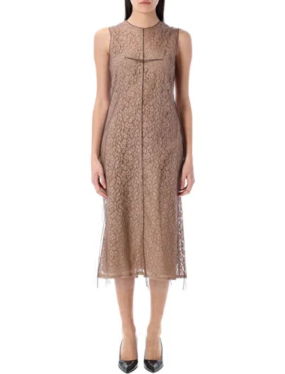 Fendi Women Beige Sleeveless Crewneck Dress With Floral Embroidery In Lace Woman In Brown