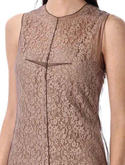 Fendi Women Beige Sleeveless Crewneck Dress With Floral Embroidery In Lace Woman In Brown