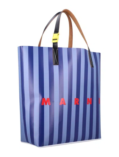 Marni Logo Stripe Tribeca Shopping Bag In Blue