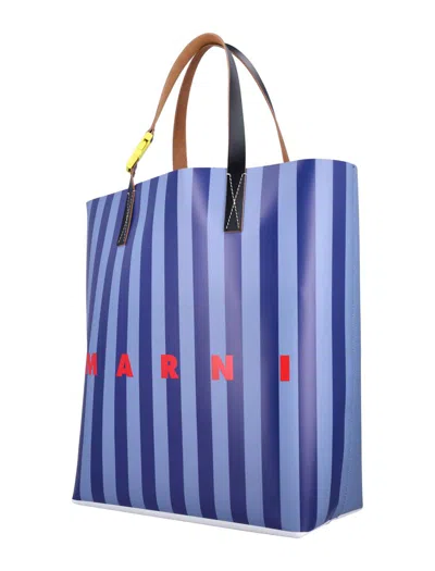 Marni Logo Stripe Tribeca Shopping Bag In Blue