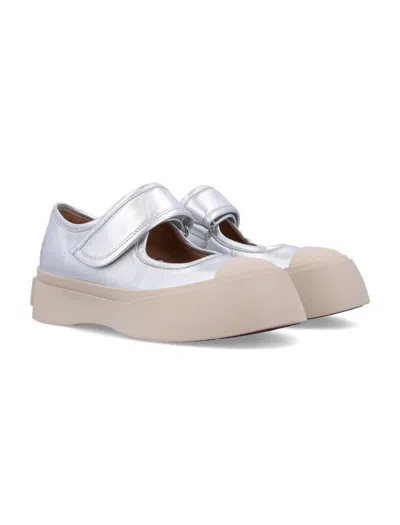 Marni Mary Jane Metallic Wrinkled Sneakers In Silver