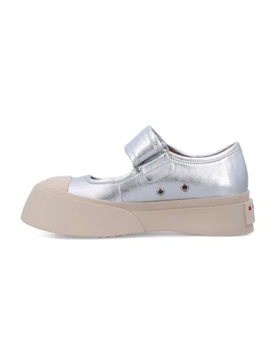 Marni Mary Jane Metallic Wrinkled Sneakers In Silver