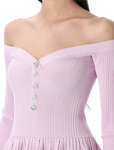 Self-portrait Jeweled Button Off-shoulder Pleated V-neck Dress In Pink