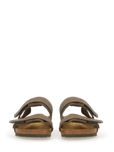 Birkenstock Uji Double-strap Mixed-leather Slides In Brown