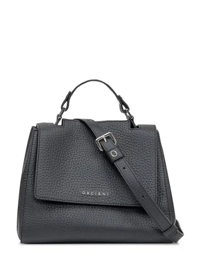 Orciani Black Leather Bag With Flap And Top Handle In Black