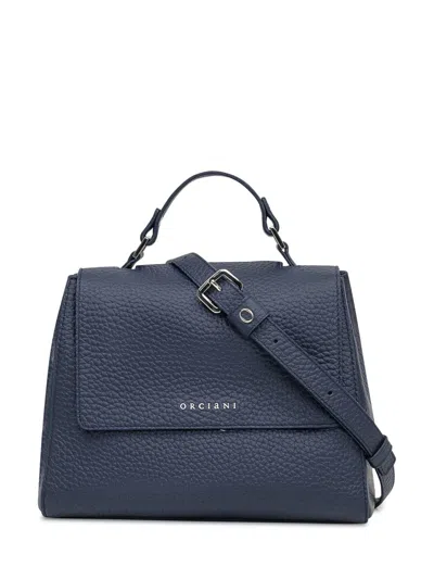 Orciani Blue Leather Bag With Flap And Top Handle In Blue