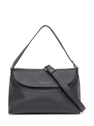 Orciani Black Leather Shoulder Bag With Flap In Black