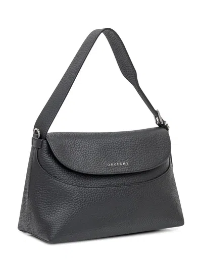 Orciani Black Leather Shoulder Bag With Flap In Black
