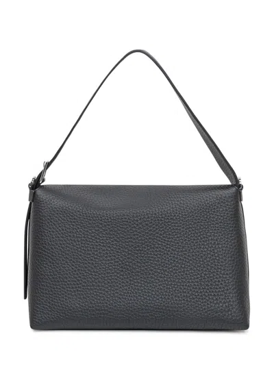 Orciani Black Leather Shoulder Bag With Flap In Black
