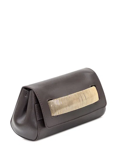 Orciani Brown Leather Clutch Bag With Golden Chain Detail In Brown