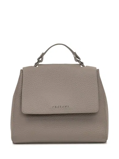 Orciani Taupe Leather Bag With Flap And Top Handle In Sand
