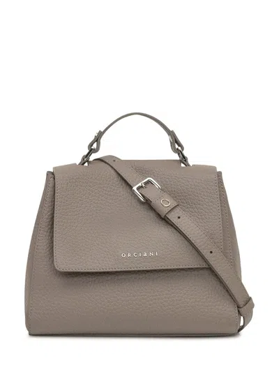 Orciani Taupe Leather Bag With Flap And Top Handle In Sand