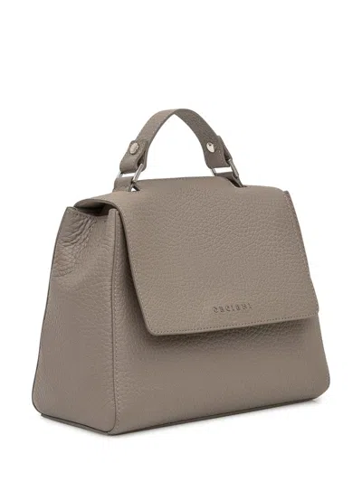 Orciani Taupe Leather Bag With Flap And Top Handle In Sand
