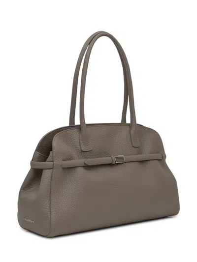 Orciani Taupe Leather Hand Bag With Metallic Detailing In Brown