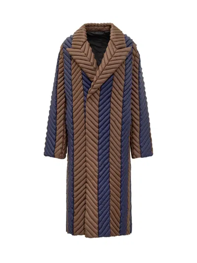 Raxxy Two-tone Striped Long Quilted Coat In Brown