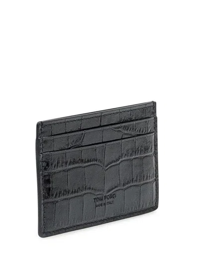 Tom Ford Black Crocodile Effect Leather Card Holder In Black