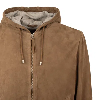 Proleather Goatskin Suede Hooded Jacket In Brown