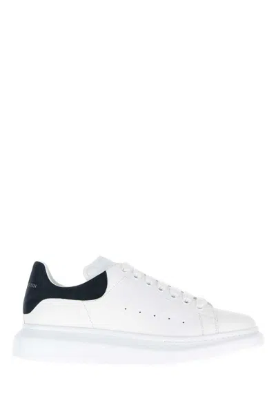 Alexander Mcqueen White Leather Sneakers With Dark Blue Suede Heel In White