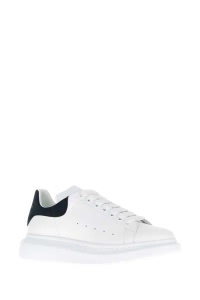 Alexander Mcqueen White Leather Sneakers With Dark Blue Suede Heel In White