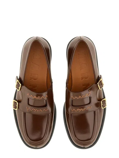 Marni Leather Loafers With Stitched Detailing And Shape In Brown