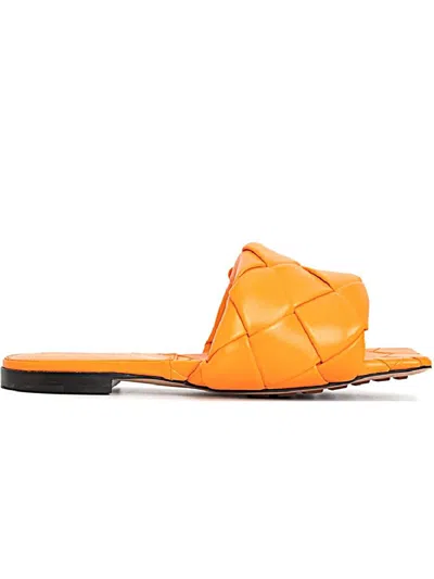 Bottega Veneta Orange Square Toe Leather Flat Sandals For Women In Orange