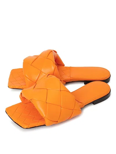 Bottega Veneta Orange Square Toe Leather Flat Sandals For Women In Orange