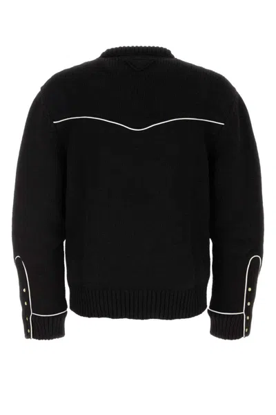 Prada Wool Crew Neck Sweater With Ribbed Cuffs In Black
