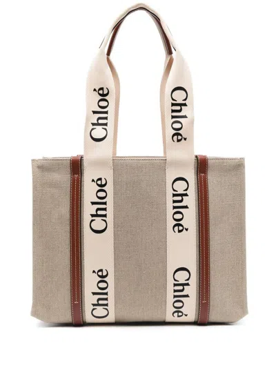 Chloé Structured Tote Bag With Leather And Linen Blend In Nude & Neutrals