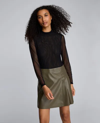 Kenneth Cole Jodie Long Sleeve Mixed Media Faux Leather Minidress In Black