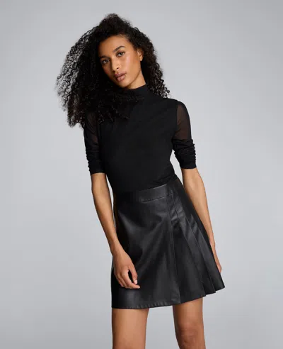 Kenneth Cole Jodie Long Sleeve Mixed Media Faux Leather Minidress In Black