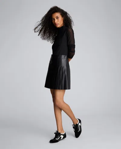 Kenneth Cole Jodie Long Sleeve Mixed Media Faux Leather Minidress In Black