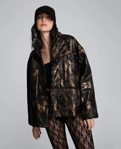 Kenneth Cole Animal Foiled Satin Lightweight Seamed Puffer Jacket In Black