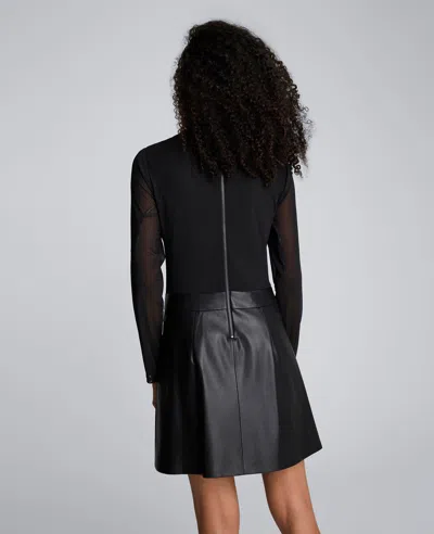 Kenneth Cole Jodie Long Sleeve Mixed Media Faux Leather Minidress In Black