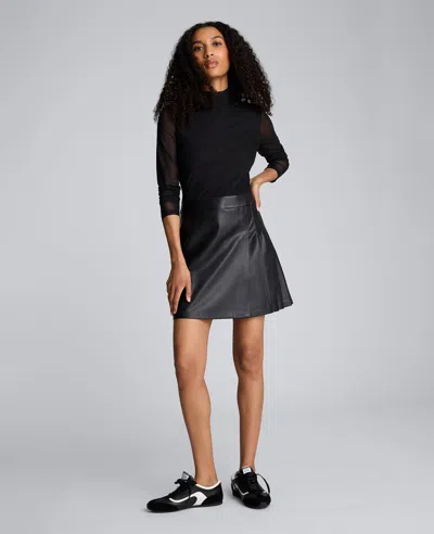 Kenneth Cole Jodie Long Sleeve Mixed Media Faux Leather Minidress In Black