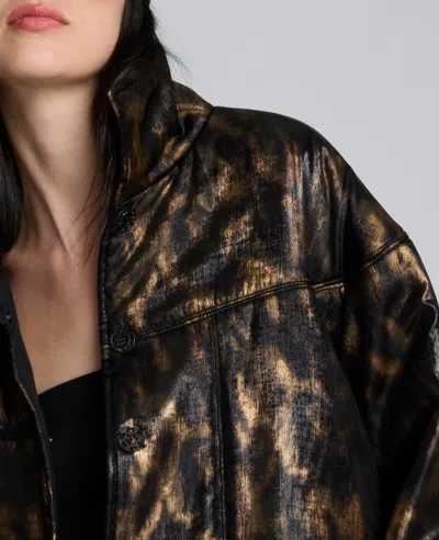 Kenneth Cole Animal Foiled Satin Lightweight Seamed Puffer Jacket In Black