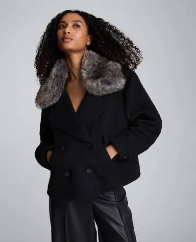 Kenneth Cole Brushed Wool Removeable Faux Fur Collar Cropped Peacoat In Black