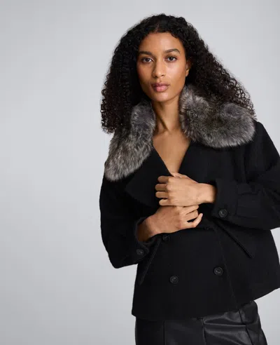 Kenneth Cole Brushed Wool Removeable Faux Fur Collar Cropped Peacoat In Black
