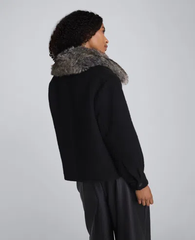 Kenneth Cole Brushed Wool Removeable Faux Fur Collar Cropped Peacoat In Black